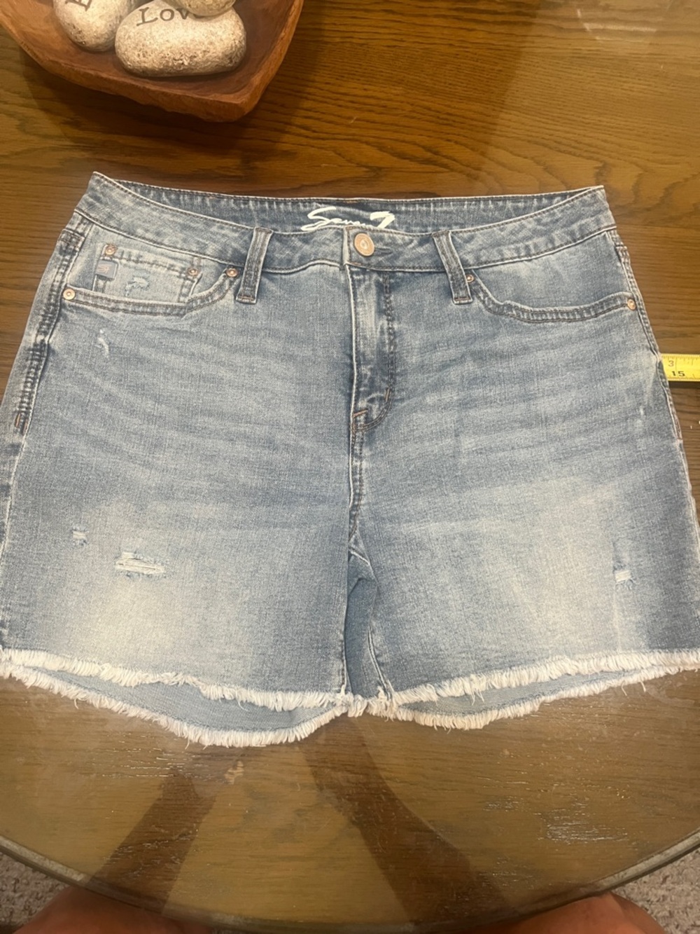 Women's Light Blue Denim Frayed Hem Shorts Seven7